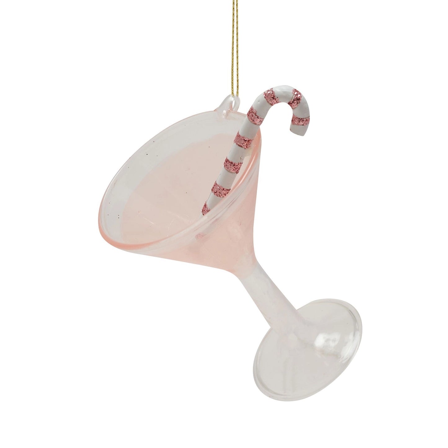 Kersthanger glas met roze drankje en glitterzuurstok 