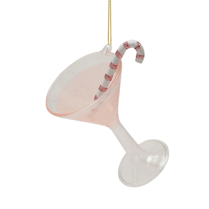 Kersthanger glas met roze drankje en glitterzuurstok 