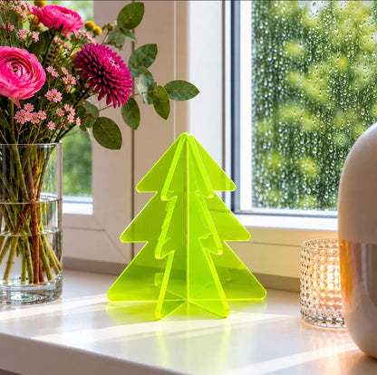 3D Kerstboompje Plexiglas Neon Roze of Neon Geel 10 cm | Moderne Mini Kerstboom Tafeldecoratie