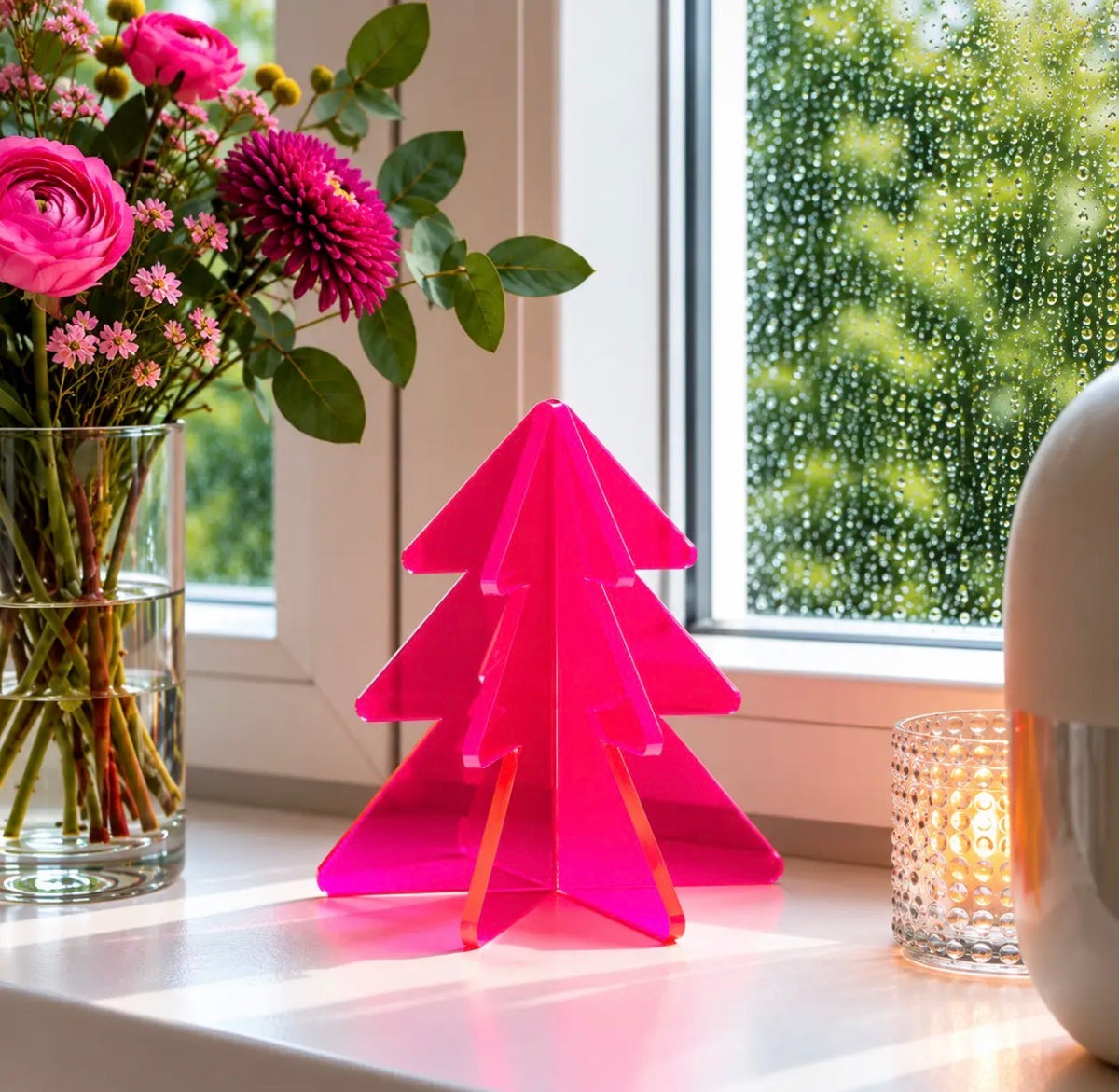 3D Kerstboompje Plexiglas Neon Roze of Neon Geel 10 cm | Moderne Mini Kerstboom Tafeldecoratie