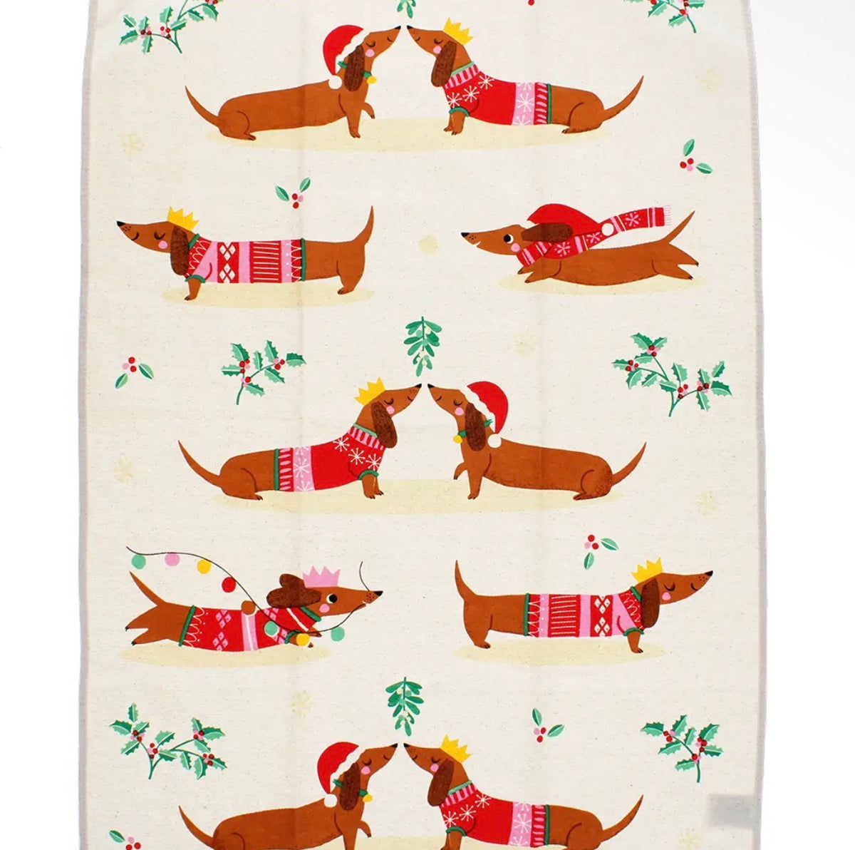 Theedoek Kerst Teckels 70x50 cm | Katoenen Keukendoek met Teckels in Kersttrui