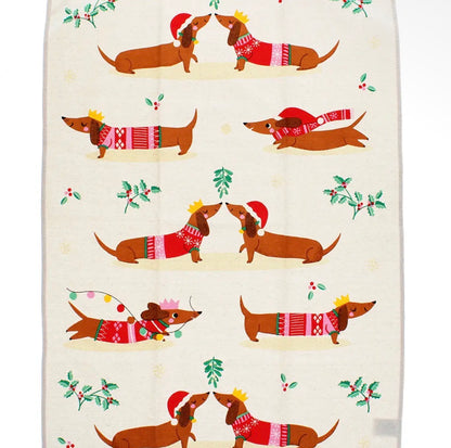 Theedoek Kerst Teckels 70x50 cm | Katoenen Keukendoek met Teckels in Kersttrui