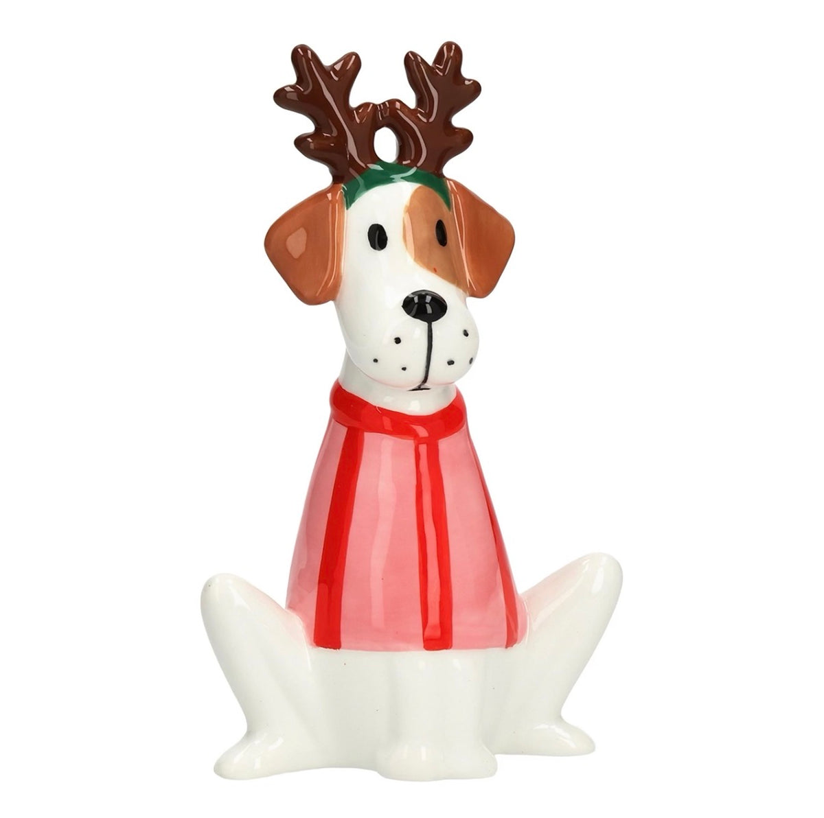 Kerst Hondje met Rendiergewei Keramiek 15 cm | Decoratief Kerstbeeld Hond in Kersttrui