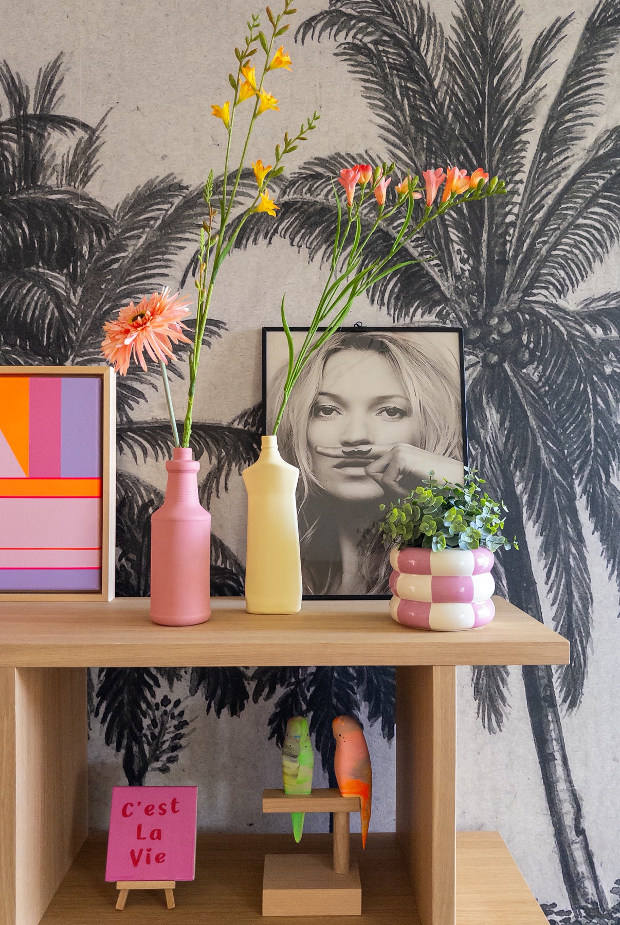 Bloempot roze/wit geblokt. Plantenpotje 