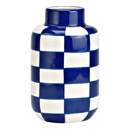 Keramieken Vaas 15 cm – Blauw en wit geruit