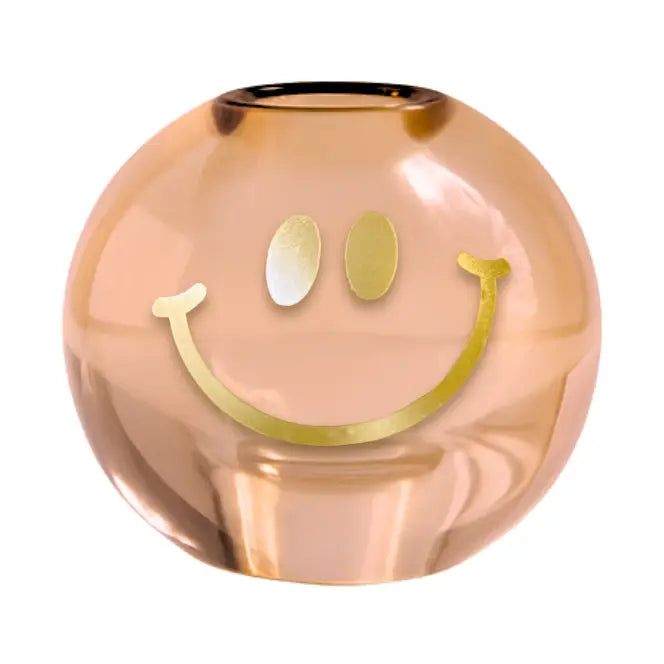 Smiley Kandelaar Gold – Perzikkleurig Glas met Gouden Smiley – 8x8x7 cm