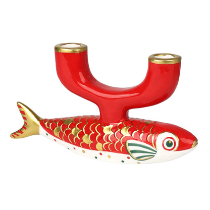 Koi Karper Kandelaar Rood en Goud | Handbeschilderd Keramiek voor 2 Dinerkaarsen, 23,5 cm