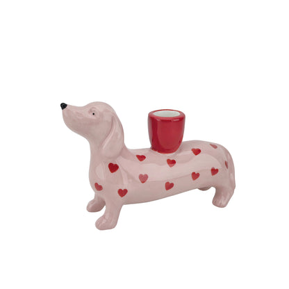 Kandelaar Teckel Roze met Hartjes | Faience Kaarshouder Hond voor Dinerkaars 17 cm