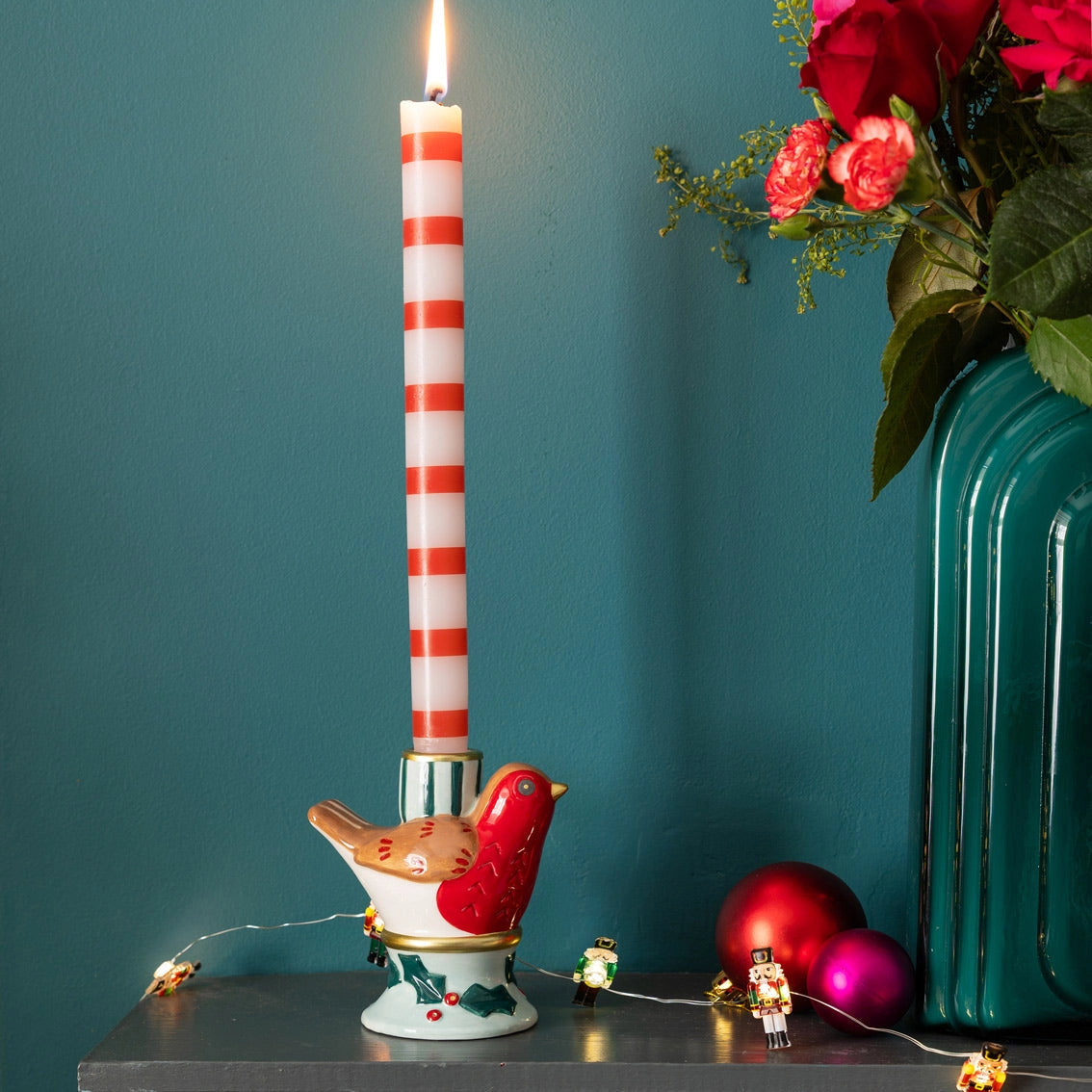 Kandelaar Roodborstje Keramiek Handgeschilderd 13 cm | Kerst Kaarshouder voor Dinerkaars