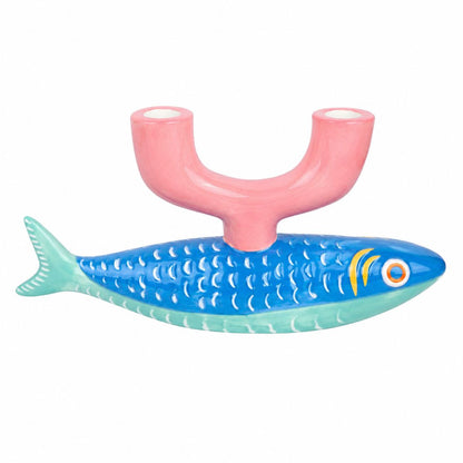 Sardine Kandelaar Keramiek Blauw en Roze | Vis Kaarshouder voor 2 Dinerkaarsen 23,5 cm