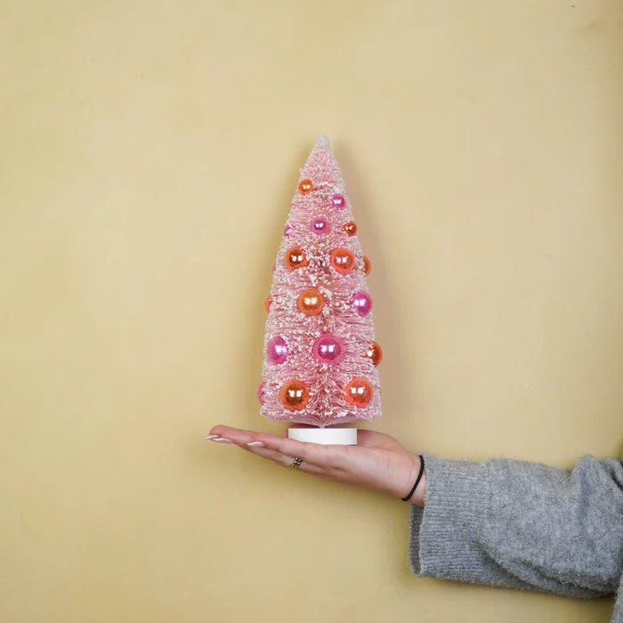 Roze kerstboompje 31 cm met roze en oranje ballen 