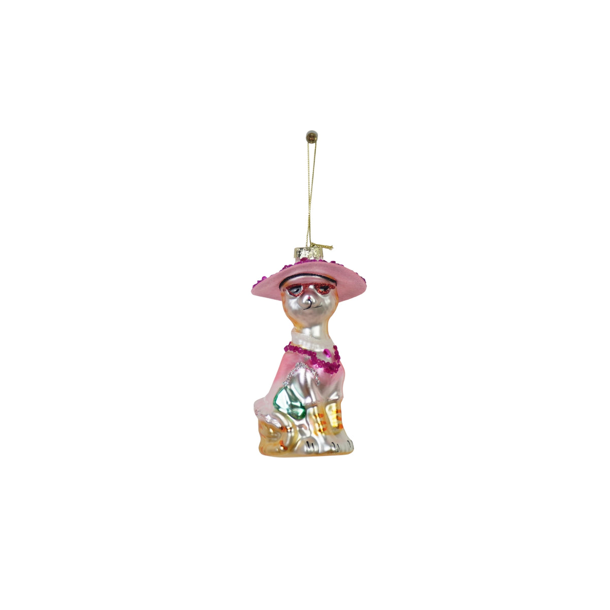 Kersthanger Diva Kat Roze | Glazen Kerstornament Kat met Hoed, Zonnebril en Tasje