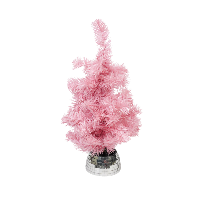 Roze kunstkerstboom met disco voet. 50 cm met LED verlichting 