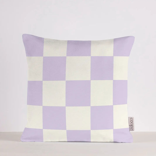 Kussen lila/wit geblokt. Fluweel. 50x50 cm 