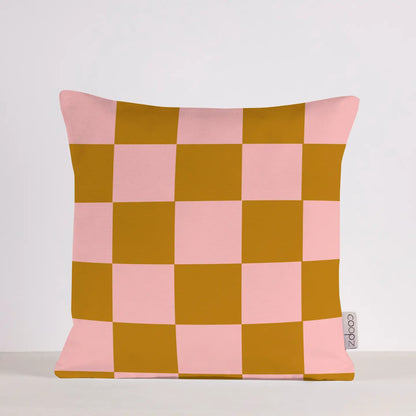 Kussen roze/messing geblokt. Fluweel. 50x50 cm 