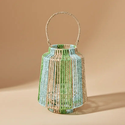 Lantaarn Papiertouw met Glas | Blauw/Groen of Oranje/Geel (Blauw/groen)