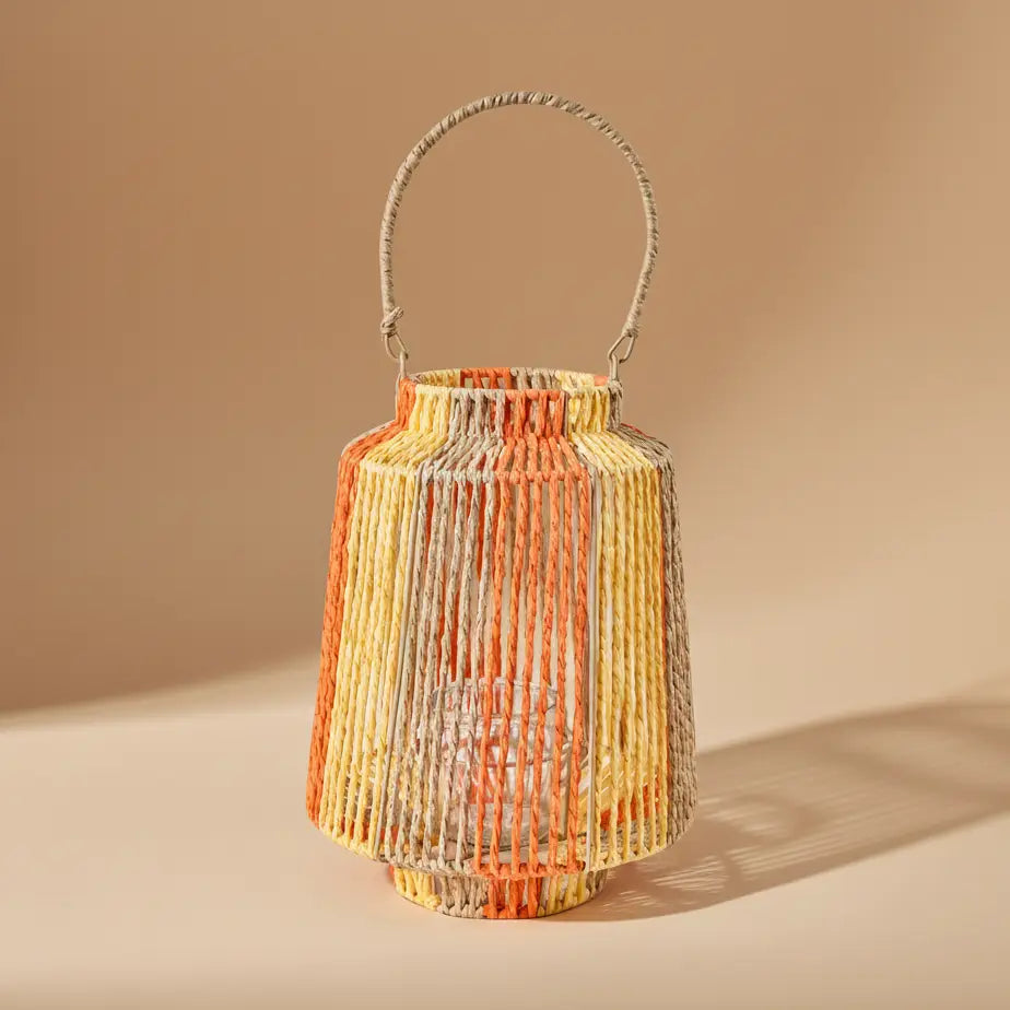 Lantaarn Papiertouw met Glas | Blauw/Groen of Oranje/Geel (Oranje/geel)