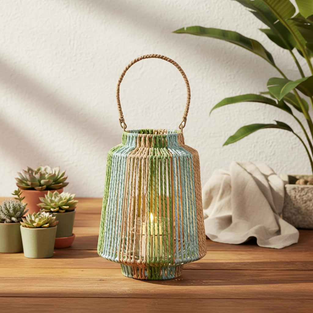 Lantaarn Papiertouw met Glas | Blauw/Groen of Oranje/Geel