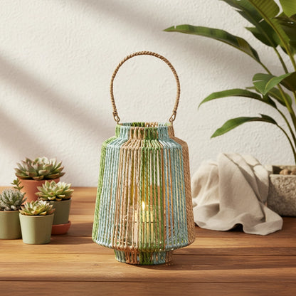 Lantaarn Papiertouw met Glas | Blauw/Groen of Oranje/Geel