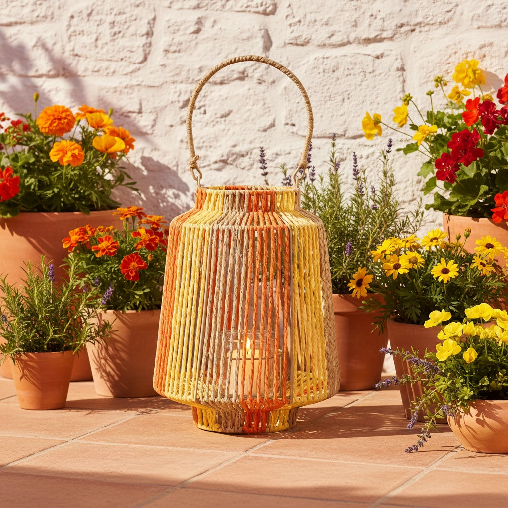 Lantaarn Papiertouw met Glas | Blauw/Groen of Oranje/Geel