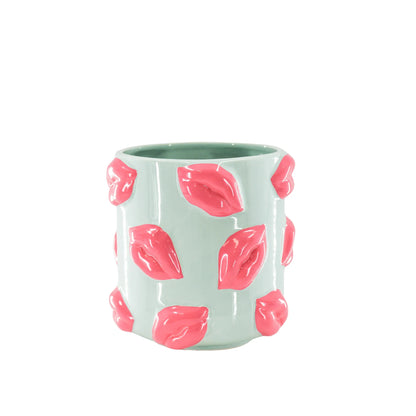 Bloempot Kisses. Plantenpot met lippen in mint met felroze. Keramiek 