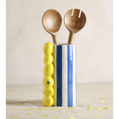 Vaas blauw met witte strepen en 3D citroenen. Pot voor keukengerei. 